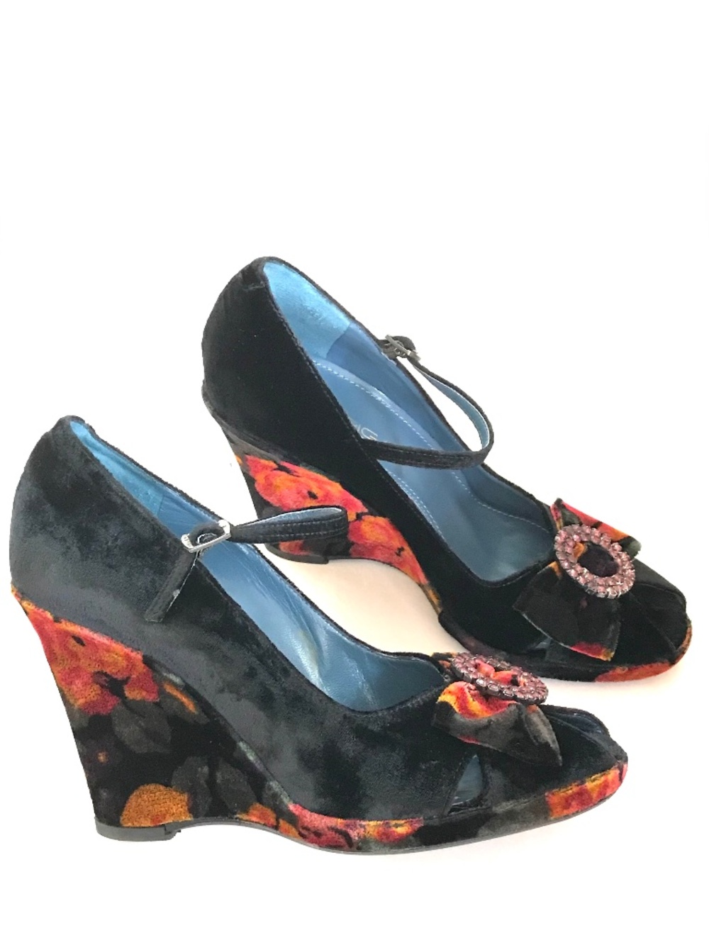 VIA SPIGA Velvet Floral Wedge Peep Toe Shoes Boho Gypsy Women’s Size 8